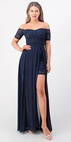 La Scala 25900 Off The Shoulder Sequins Lace High Low Dress(Off The Shoulder Sequins Lace High Low Dress La Scala 25900) -Dress Promotion Store 25900 navy