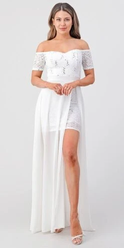 La Scala 25900 Off The Shoulder Sequins Lace High Low Dress(Off The Shoulder Sequins Lace High Low Dress La Scala 25900) -Dress Promotion Store 25900 off white