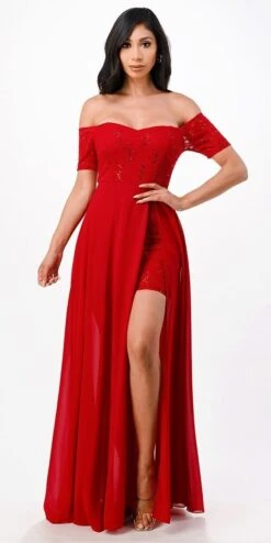 La Scala 25900 Off The Shoulder Sequins Lace High Low Dress(Off The Shoulder Sequins Lace High Low Dress La Scala 25900) -Dress Promotion Store 25900 red