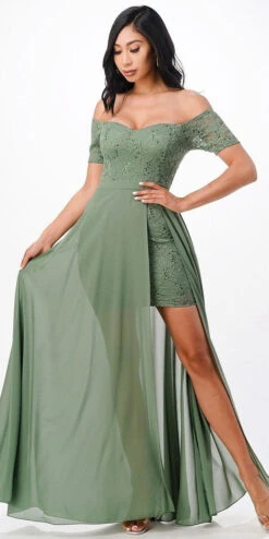 La Scala 25900 Off The Shoulder Sequins Lace High Low Dress(Off The Shoulder Sequins Lace High Low Dress La Scala 25900) -Dress Promotion Store 25900 sage