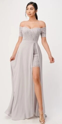 La Scala 25900 Off The Shoulder Sequins Lace High Low Dress(Off The Shoulder Sequins Lace High Low Dress La Scala 25900) -Dress Promotion Store 25900 silver