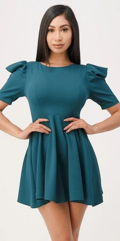 La Scala 25910 Short Puff Sleeve Fit And Flare A-Line Dress(La Scala 25910 Short Puff Sleeve Fit And Flare A Line Dress) -Dress Promotion Store 25910 la scala hunter green