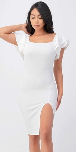 La Scala 25922 Ruffle Sleeve Pencil Dress Side Slit(Ruffle Sleeve Pencil Dress Side Slit By La Scala 25922) -Dress Promotion Store 25922 off white