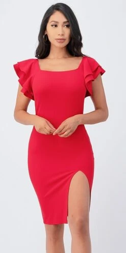 La Scala 25922 Ruffle Sleeve Pencil Dress Side Slit(Ruffle Sleeve Pencil Dress Side Slit By La Scala 25922) -Dress Promotion Store 25922 red