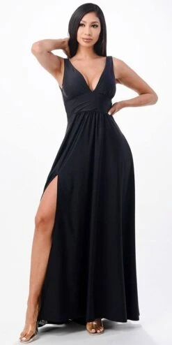 La Scala 25953 Tricot A-Line Dress Deep V-Neck Empire Waist(La Scala 25953 Full Length Tricot A Line Dress Deep V Neck Empire Waist) -Dress Promotion Store 25953 la scala black