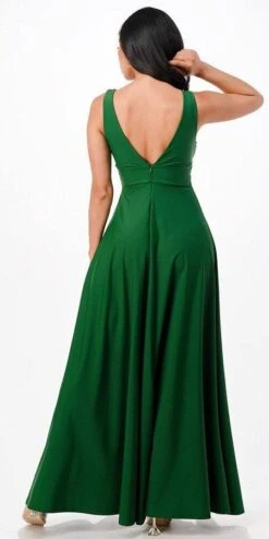 La Scala 25953 Tricot A-Line Dress Deep V-Neck Empire Waist(La Scala 25953 Full Length Tricot A Line Dress Deep V Neck Empire Waist) -Dress Promotion Store 25953 la scala hunter green back