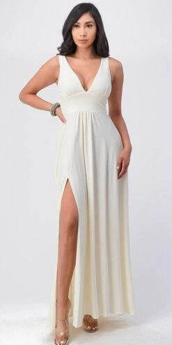 La Scala 25953 Tricot A-Line Dress Deep V-Neck Empire Waist(La Scala 25953 Full Length Tricot A Line Dress Deep V Neck Empire Waist) -Dress Promotion Store 25953 la scala ivory