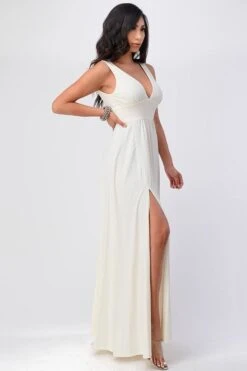 La Scala 25953 Tricot A-Line Dress Deep V-Neck Empire Waist(La Scala 25953 Full Length Tricot A Line Dress Deep V Neck Empire Waist) -Dress Promotion Store 25953 la scala ivory side right