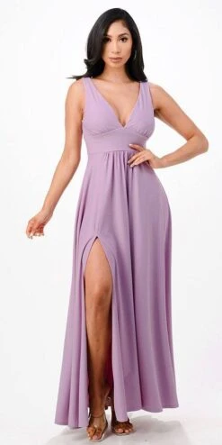 La Scala 25953 Tricot A-Line Dress Deep V-Neck Empire Waist(La Scala 25953 Full Length Tricot A Line Dress Deep V Neck Empire Waist) -Dress Promotion Store 25953 la scala lavender