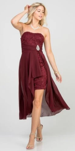 La Scala 25978 High Low Chiffon/Lace Strapless Dress(La Scala 25978 High Low Chiffon Lace Strapless Dress) -Dress Promotion Store 25978 burgundy