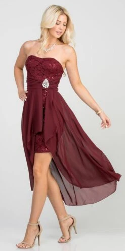 La Scala 25978 High Low Chiffon/Lace Strapless Dress(La Scala 25978 High Low Chiffon Lace Strapless Dress) -Dress Promotion Store 25978 burgundy side