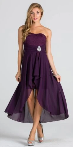 La Scala 25978 High Low Chiffon/Lace Strapless Dress(La Scala 25978 High Low Chiffon Lace Strapless Dress) -Dress Promotion Store 25978 eggplant