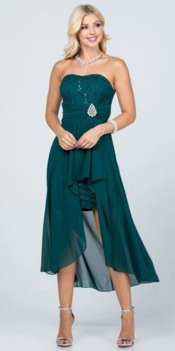 La Scala 25978 High Low Chiffon/Lace Strapless Dress(La Scala 25978 High Low Chiffon Lace Strapless Dress) -Dress Promotion Store 25978 hunter green