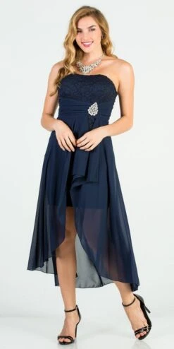 La Scala 25978 High Low Chiffon/Lace Strapless Dress(La Scala 25978 High Low Chiffon Lace Strapless Dress) -Dress Promotion Store 25978 navy