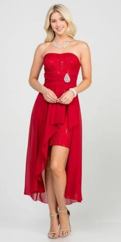 La Scala 25978 High Low Chiffon/Lace Strapless Dress(La Scala 25978 High Low Chiffon Lace Strapless Dress) -Dress Promotion Store 25978 red