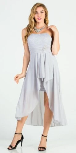 La Scala 25978 High Low Chiffon/Lace Strapless Dress(La Scala 25978 High Low Chiffon Lace Strapless Dress) -Dress Promotion Store 25978 silver