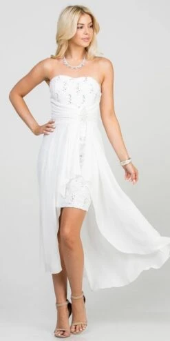 La Scala 25978 High Low Chiffon/Lace Strapless Dress(La Scala 25978 High Low Chiffon Lace Strapless Dress) -Dress Promotion Store 25978 white