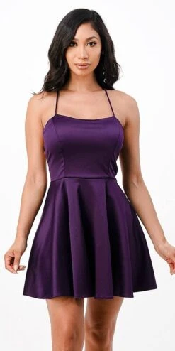La Scala 25990 Short Fit And Flare Cocktail Dress Spaghetti Straps Criss Cross Back(La Scala 25590 Short Fit And Flare Cocktail Dress Spaghetti Straps Criss Cross Back) -Dress Promotion Store 25990 la scala eggplant