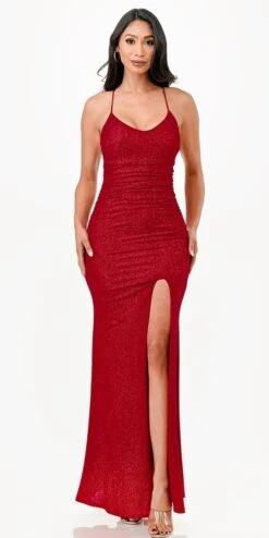 La Scala 26012 Long Glittery ITY Lace Up Back Fitted Mermaid Dress(La Scala 26012 Long Glittery Ity Lace Up Back Fitted Mermaid Dress) -Dress Promotion Store 26012 la scala red