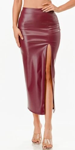 La Scala 26019 Mid Length PU Leather Pencil Skirt With Open Slit(La Scala 26019 Mid Length Pu Leather Pencil Skirt With Open Slit)