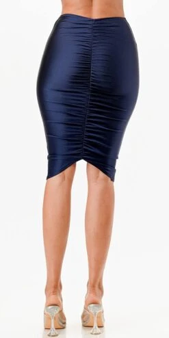 La Scala 26033 Center Ruched Knee Length Shiny Tricot Skirt(La Scala 26033 Center Ruched Knee Length Shiny Tricot Skirt) -Dress Promotion Store 26033 la scala navy blue back