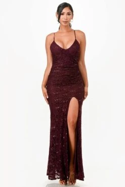 La Scala 26052 Long Lace Leg Slit Fitted Mermaid Dress(La Scala 26052 Long Lace Leg Slit Fitted Mermaid Dress) -Dress Promotion Store 26052 la scala burgundy