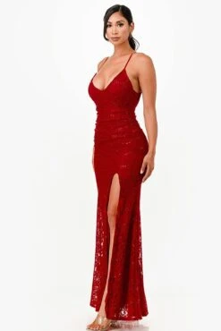 La Scala 26052 Long Lace Leg Slit Fitted Mermaid Dress(La Scala 26052 Long Lace Leg Slit Fitted Mermaid Dress) -Dress Promotion Store 26052 la scala red side