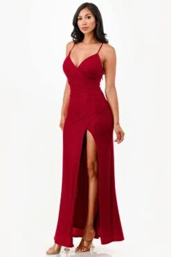 La Scala 26060 Dress Fitted Glitter Side Pleat Party Gown(La Scala 26060 Dress Fitted Glitter Side Pleat Party Gown) -Dress Promotion Store 26060 la scala red side