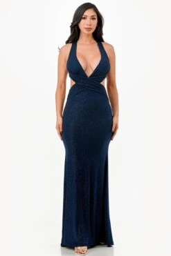 La Scala 26063 Dress Long V-Neckline Halter Top Gown(La Scala 26063 Dress Long V Neckline Halter Top Gown) -Dress Promotion Store 26063 la scala navy