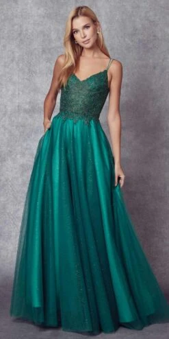 Juliet 268 Embroidered Sparkle Tulle Ball Gown(Embroidered Sparkle Tulle Ball Gown By Juliet 268) -Dress Promotion Store 268 EmeraldGreen Front