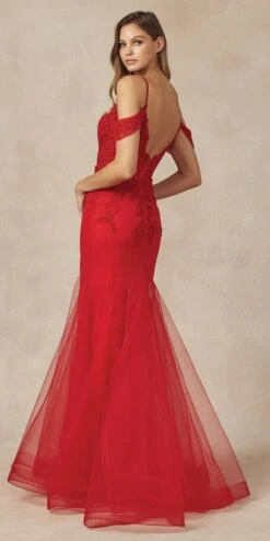 Juliet 281 Long Fully Mesh Gown Off The Shoulder Sleeves Mermaid Skirt(Juliet 281 Long Fully Mesh Gown Off The Shoulder Sleeves Mermaid Skirt) -Dress Promotion Store 281 red back