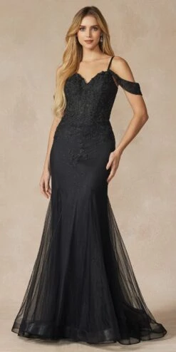 Juliet 281 Long Fully Mesh Gown Off The Shoulder Sleeves Mermaid Skirt(Juliet 281 Long Fully Mesh Gown Off The Shoulder Sleeves Mermaid Skirt) -Dress Promotion Store 281 BLACK FRONT