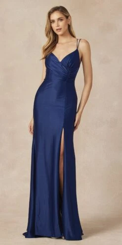 Juliet 284 Long Ruched Bodice Mermaid Evening Gown With Slit(Juliet 284 Long Ruched Bodice Mermaid Evening Gown With Slit)