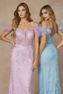 Juliet 288 Long Off The Shoulder Feather Strap Fitted Glitter Print Gown(Juliet 288 Long Off The Shoulder Feather Strap Fitted Glitter Print Gown) -Dress Promotion Store 288 DOUBLUE 4