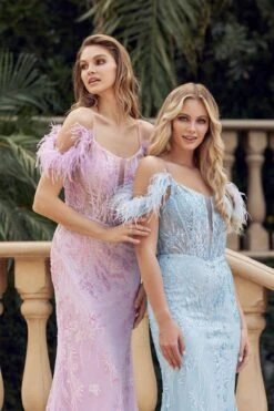 Juliet 288 Long Off The Shoulder Feather Strap Fitted Glitter Print Gown(Juliet 288 Long Off The Shoulder Feather Strap Fitted Glitter Print Gown) -Dress Promotion Store 288 DOUBLUE 7