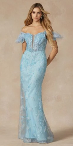 Juliet 288 Long Off The Shoulder Feather Strap Fitted Glitter Print Gown(Juliet 288 Long Off The Shoulder Feather Strap Fitted Glitter Print Gown) -Dress Promotion Store 288 ICEBLUE FRONT