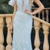 Juliet 288 Long Off The Shoulder Feather Strap Fitted Glitter Print Gown(Juliet 288 Long Off The Shoulder Feather Strap Fitted Glitter Print Gown)