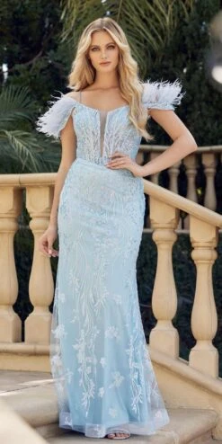 Juliet 288 Long Off The Shoulder Feather Strap Fitted Glitter Print Gown(Juliet 288 Long Off The Shoulder Feather Strap Fitted Glitter Print Gown)