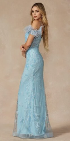 Juliet 288 Long Off The Shoulder Feather Strap Fitted Glitter Print Gown(Juliet 288 Long Off The Shoulder Feather Strap Fitted Glitter Print Gown) -Dress Promotion Store 288 ICEBLUE SIDE