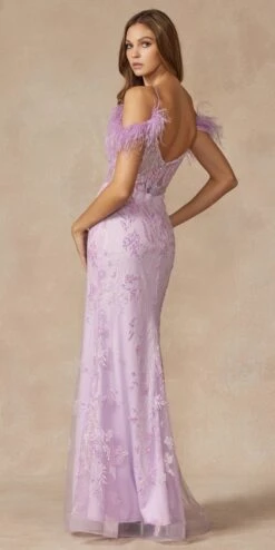 Juliet 288 Long Off The Shoulder Feather Strap Fitted Glitter Print Gown(Juliet 288 Long Off The Shoulder Feather Strap Fitted Glitter Print Gown) -Dress Promotion Store 288 LILAC BACK