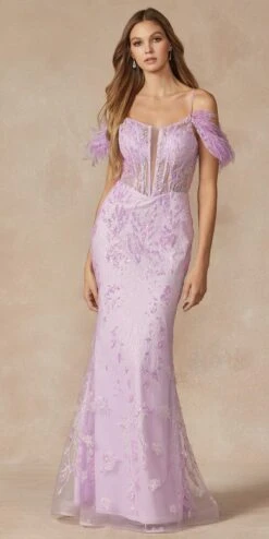 Juliet 288 Long Off The Shoulder Feather Strap Fitted Glitter Print Gown(Juliet 288 Long Off The Shoulder Feather Strap Fitted Glitter Print Gown) -Dress Promotion Store 288 LILAC FRONT