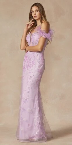 Juliet 288 Long Off The Shoulder Feather Strap Fitted Glitter Print Gown(Juliet 288 Long Off The Shoulder Feather Strap Fitted Glitter Print Gown) -Dress Promotion Store 288 LILAC OTHER