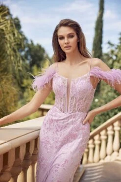 Juliet 288 Long Off The Shoulder Feather Strap Fitted Glitter Print Gown(Juliet 288 Long Off The Shoulder Feather Strap Fitted Glitter Print Gown) -Dress Promotion Store 288 LILAC OTHER2