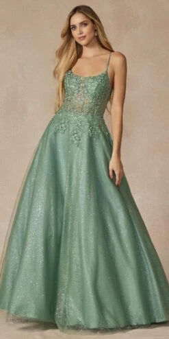 Juliet 295 Floor Length Leaf Lace Gown Corset Bodice Prom Gown(Juliet 295 Floor Length Leaf Lace Gown Corset Bodice Prom Gown) -Dress Promotion Store 295 SAGEGREEN FRONT