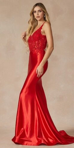 Juliet 296 Floor Length Embroidered Bodice Plunging Neck Prom Dress(Juliet 296 Floor Length Embroidered Bodice Plunging Neck Prom Dress) -Dress Promotion Store 296 RED SIDE