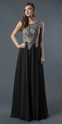 J&J Fashion 3025 Long Prom Dress With Appliqued Bodice(Black Long Prom Dress With Appliqued Bodice)