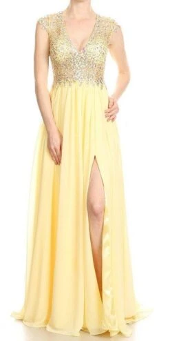 J&J Fashion 3038 Long Prom Dress Cut-Out Back With Slit(Long Prom Dress Cut Out Back With Slit Yellow)