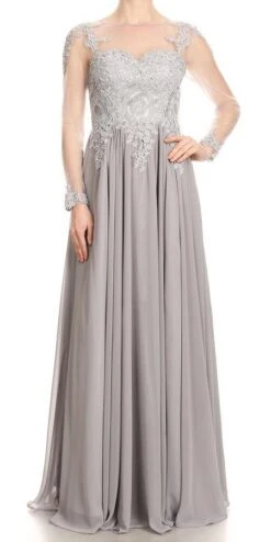 J&J Fashion 3041 Appliqued Long Formal Dress With Illusion Long Sleeves(Silver Appliqued Long Formal Dress With Illusion Long Sleeves)