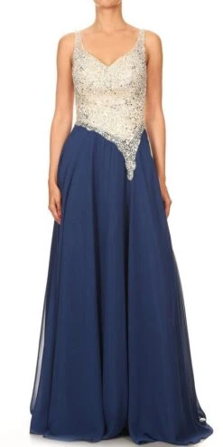 J&J Fashion 3049 V-Neck Embellished Long Prom Dress(V Neck Embellished Long Prom Dress Navy Blue)