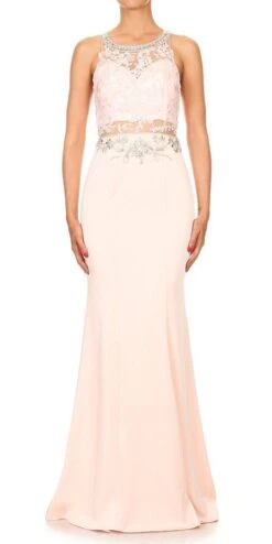 J&J Fashion 3058 Long Formal Dress With Sheer Lace Midriff(Blush Long Formal Dress With Sheer Lace Midriff)